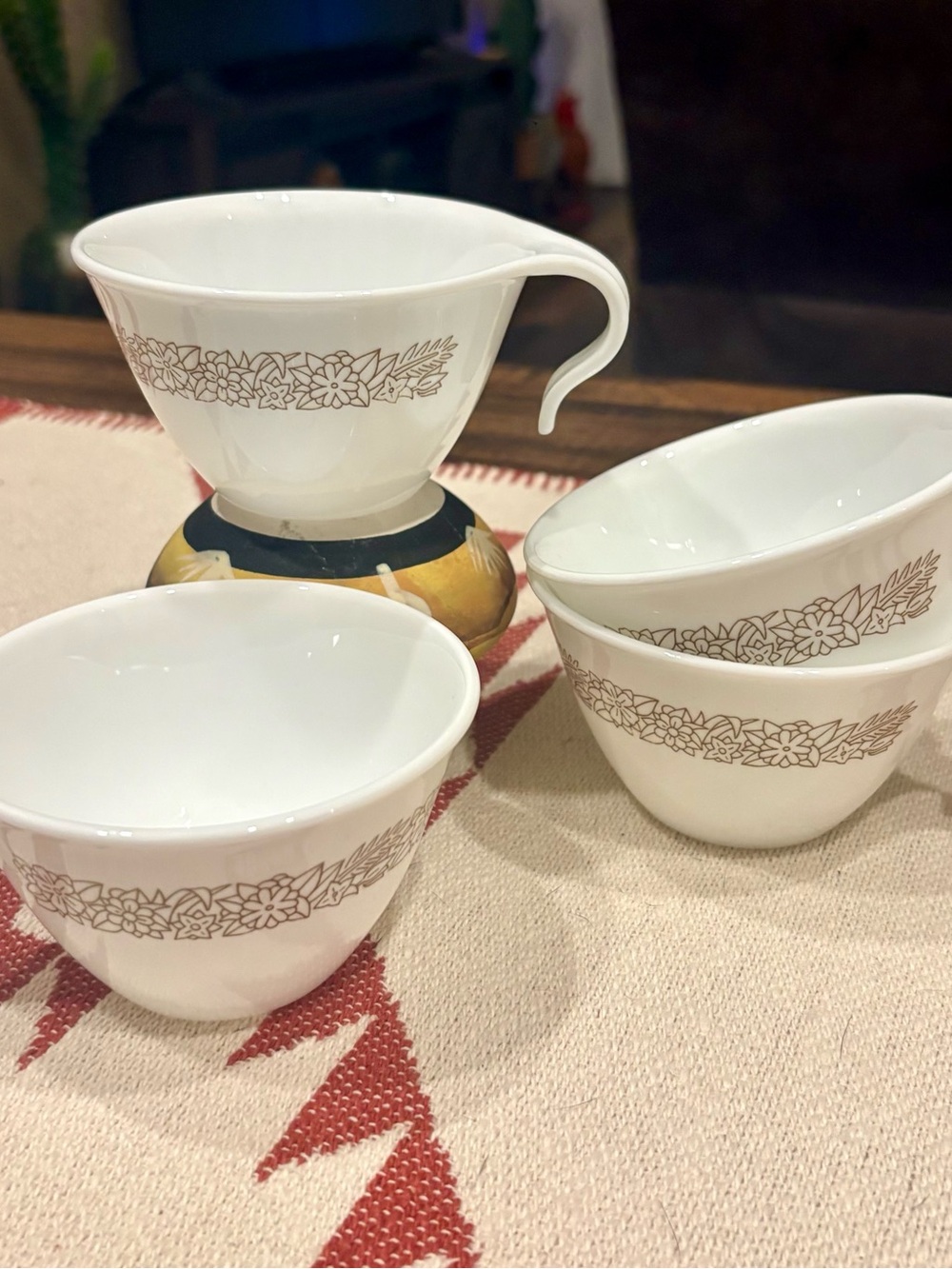 Pyrex Woodland print Corelle S handle teacups